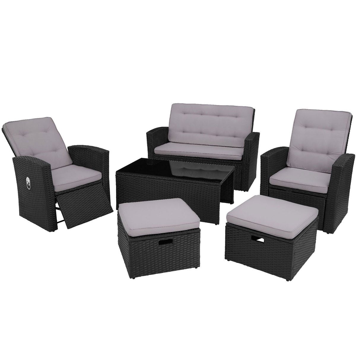 Black rattan garden furniture set featuring a two-seater sofa, two armchairs, a coffee table with a glass top, and two cushioned ottomans, all with light gray cushions.