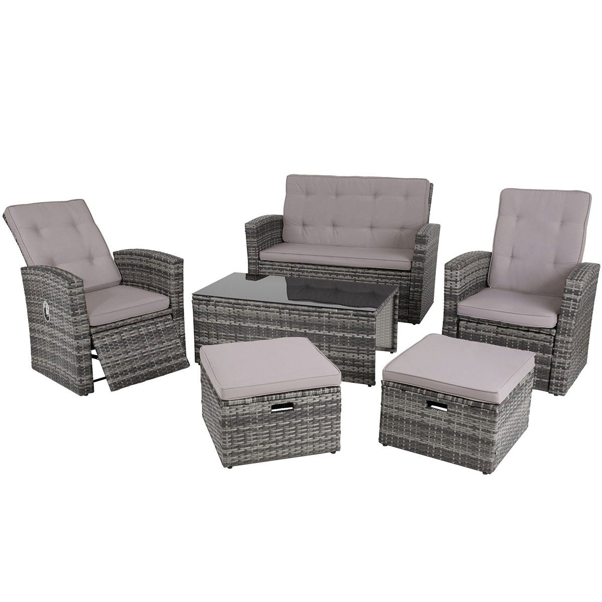 Grey rattan garden furniture set featuring a two-seater sofa, two armchairs, a glass-topped table, and two ottomans with soft cushions, ideal for outdoor patios.