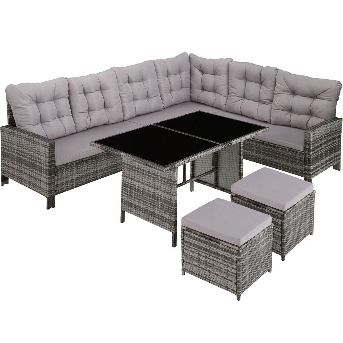 Grey rattan corner sofa set featuring plush cushions, a glass-top table, and two matching stools, designed for outdoor use.