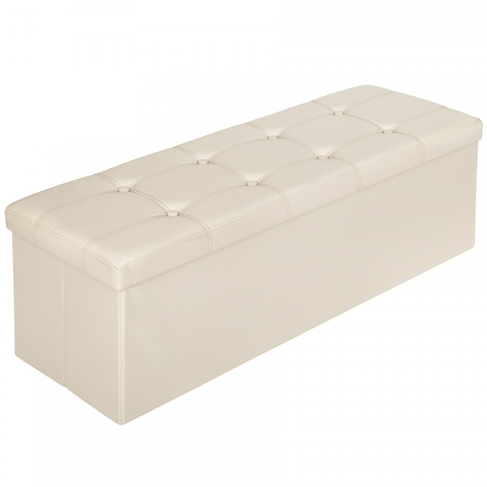 Cream foldable storage bench made of synthetic leather, measuring 110x38x38cm, featuring a tufted top and a sleek, minimalist design.