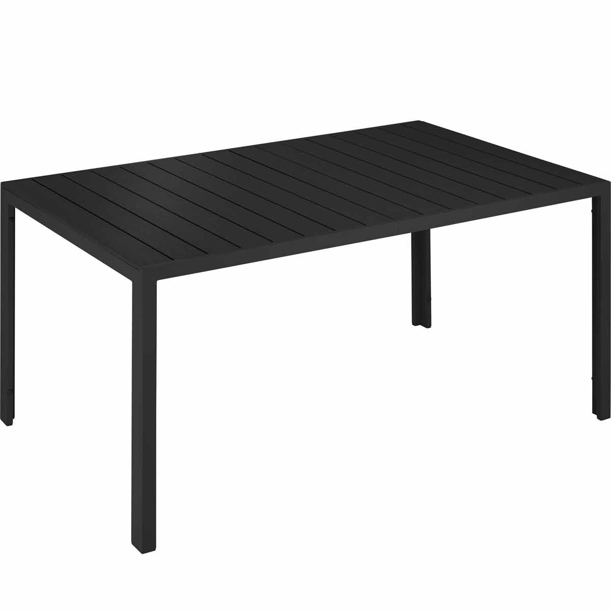 Black aluminum garden table with height-adjustable feet, featuring a slatted top design, measuring 150x90x74.5 cm, ideal for outdoor use.