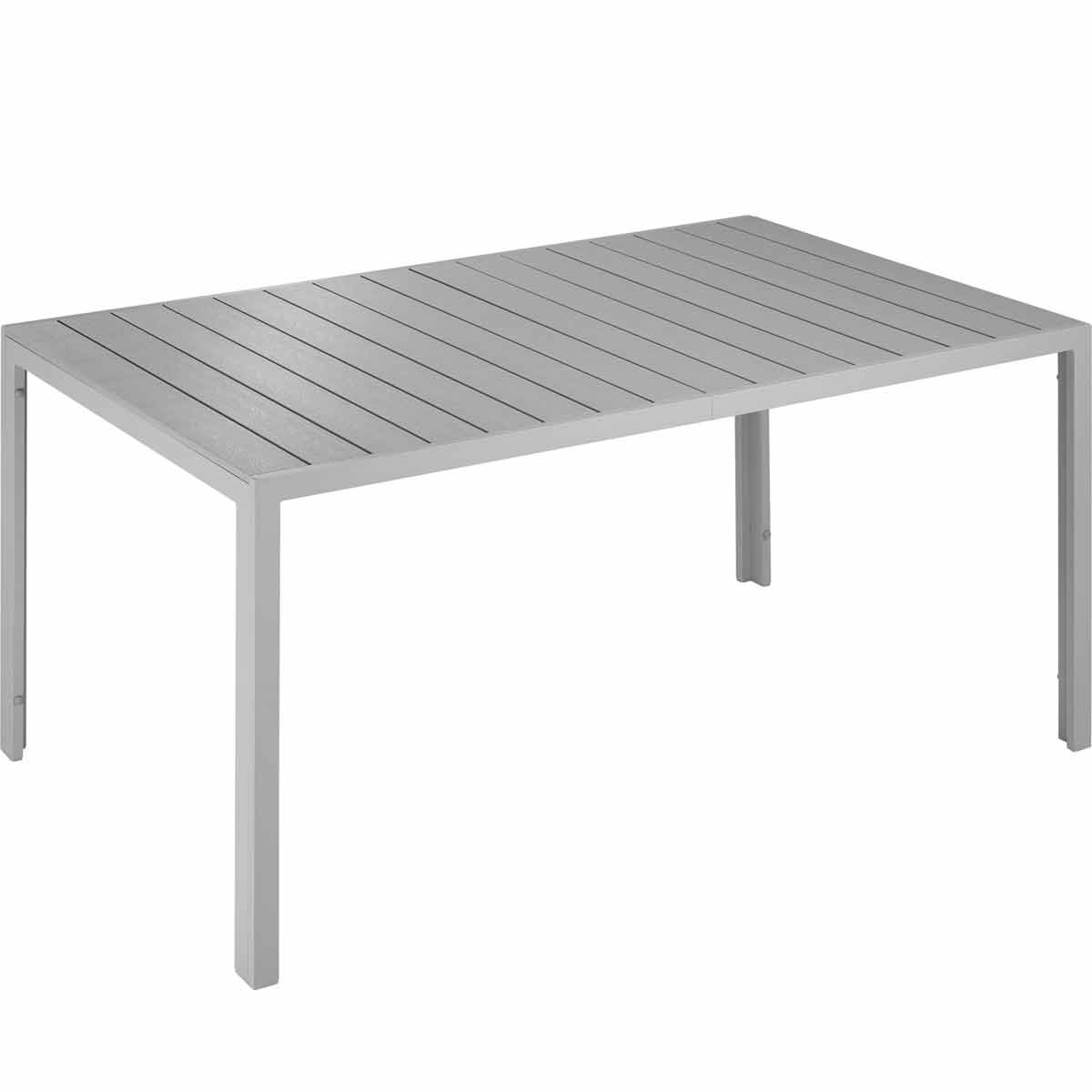 Silver aluminum garden table with height-adjustable feet, featuring a slatted top design, measuring 150x90x74.5 cm.
