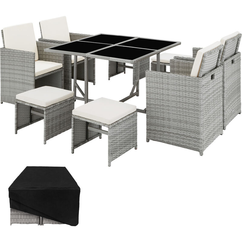 Light grey rattan garden furniture set featuring a square table, six cushioned chairs with cream cushions, and a protective black cover.