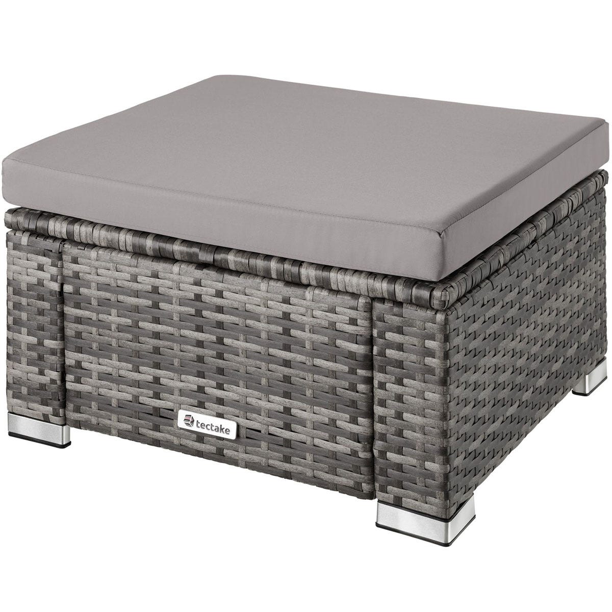 Dark grey rattan footstool with a soft grey cushion on top, featuring a woven texture and sturdy silver legs for added stability.