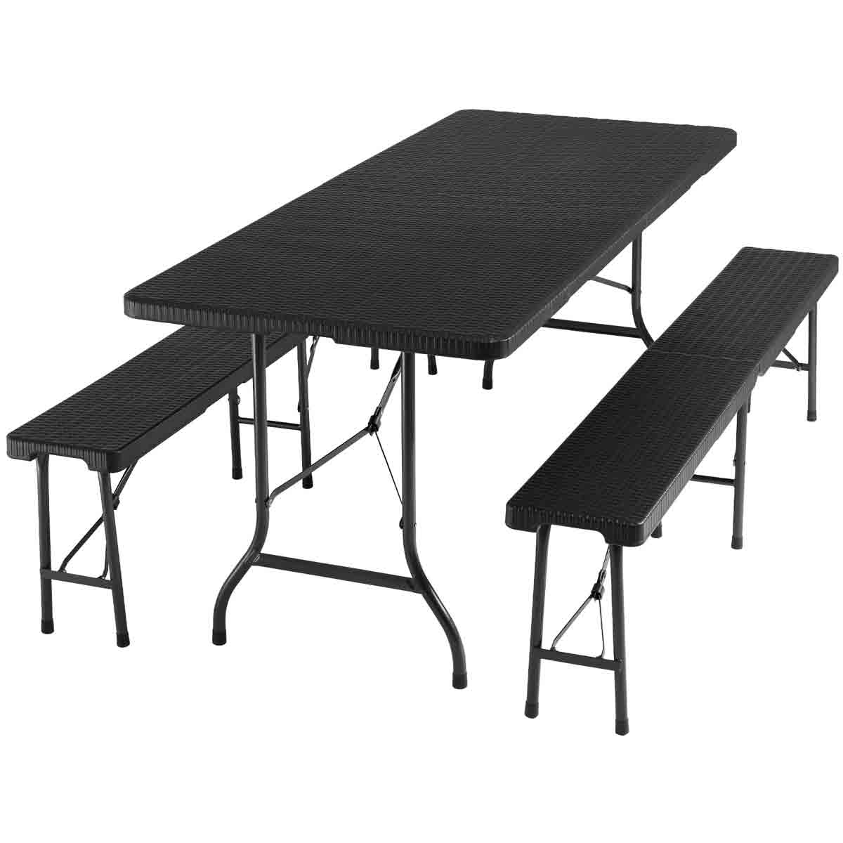 Black folding dining table and two matching benches with a textured surface, featuring sturdy metal frames for durability and easy storage.