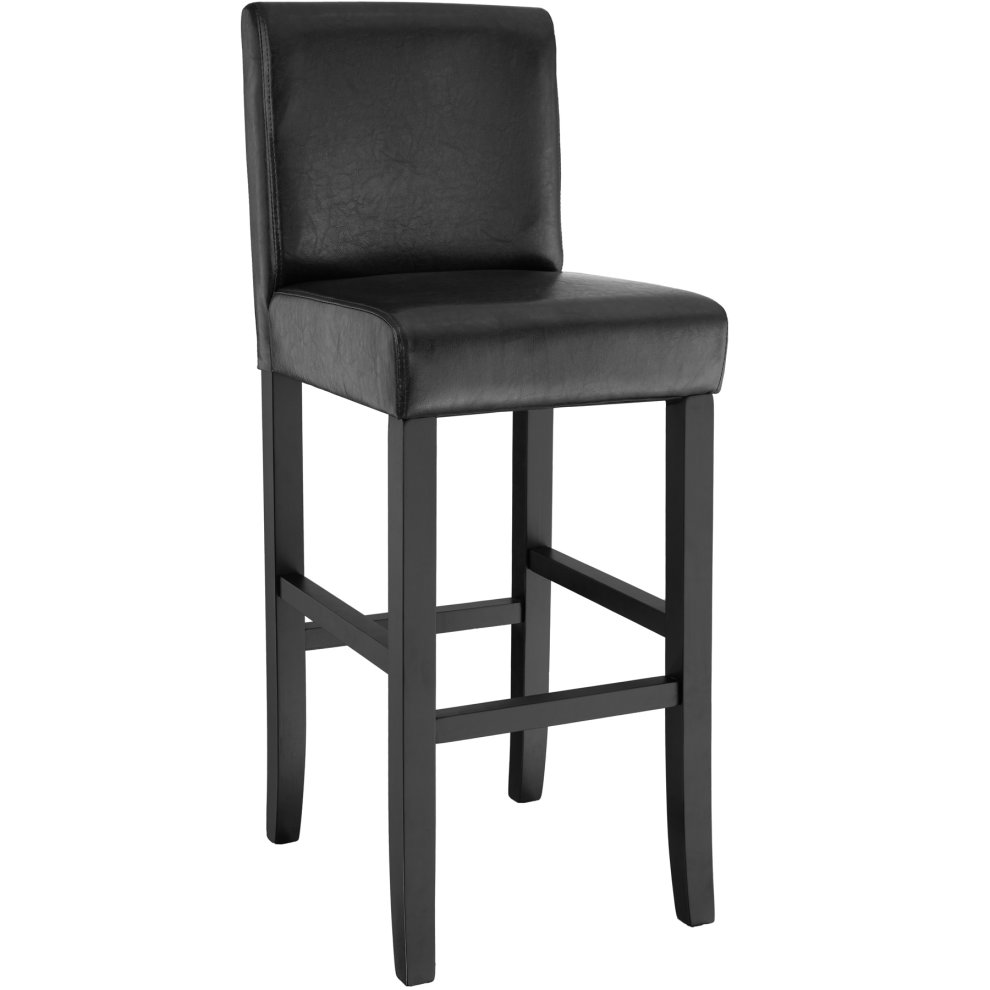 Black breakfast bar stool with a padded seat and backrest, made of artificial leather, featuring a sturdy black wooden frame and footrest.