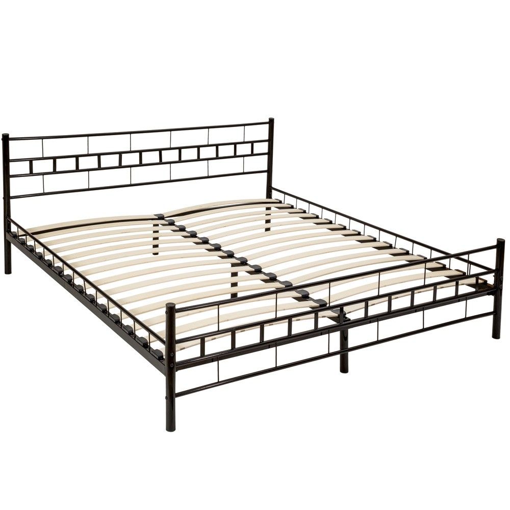 Black metal bed frame with a slatted base, measuring 200x180cm, featuring a geometric headboard design and sturdy construction.