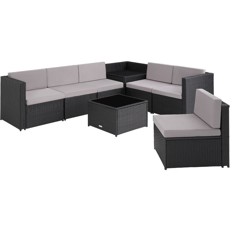 Black rattan garden sofa set featuring a modular design with gray cushions and a matching square coffee table, ideal for outdoor relaxation.