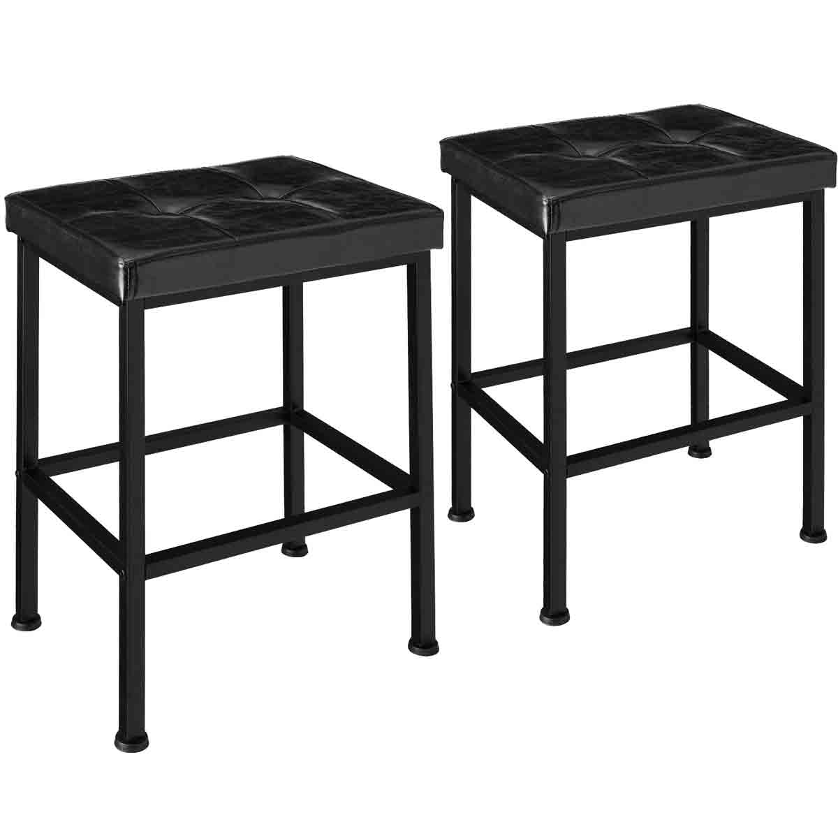 Set of two black bar stools featuring a padded seat with a tufted design, supported by a sturdy black metal frame and footrest for added comfort.