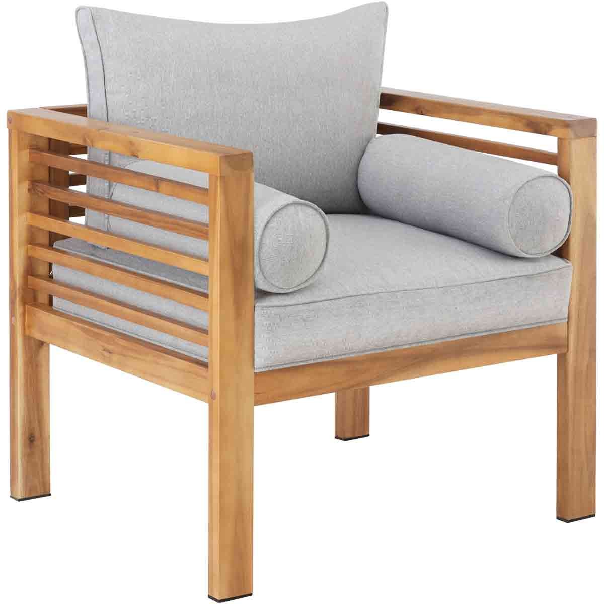 Brown wooden garden armchair featuring thick gray cushions and two round bolster pillows, designed for comfort and style.