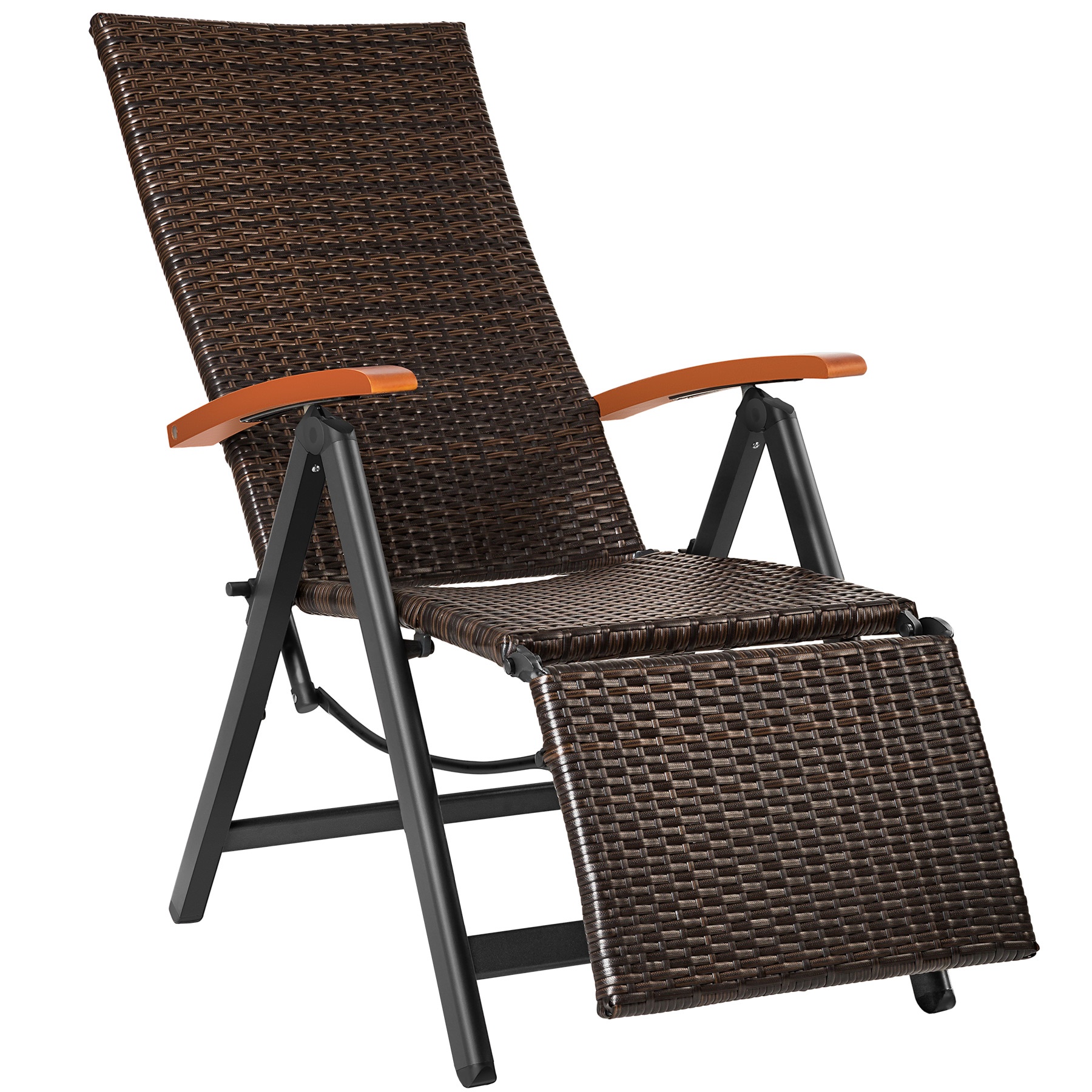 Brown woven garden chair with a reclining backrest and a detachable footrest, featuring wooden armrests and a sturdy black metal frame.