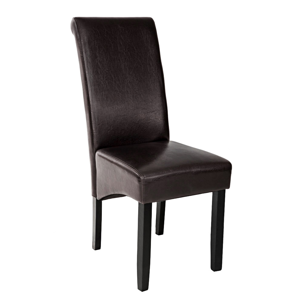 Cappuccino brown dining chair with an ergonomic seat shape, featuring a sleek faux leather upholstery and sturdy black wooden legs.