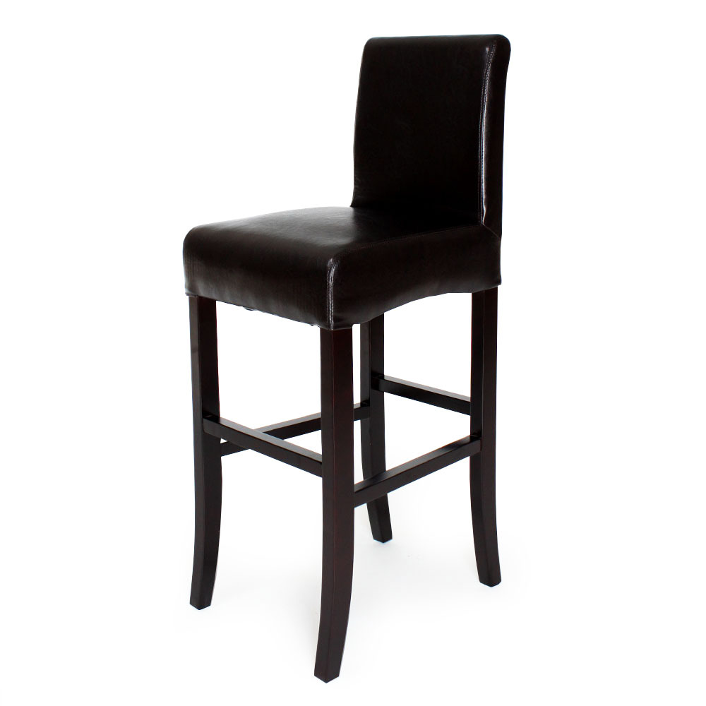 Brown artificial leather breakfast bar stool with a sleek, minimalist design and sturdy wooden legs, ideal for modern kitchens or dining areas.