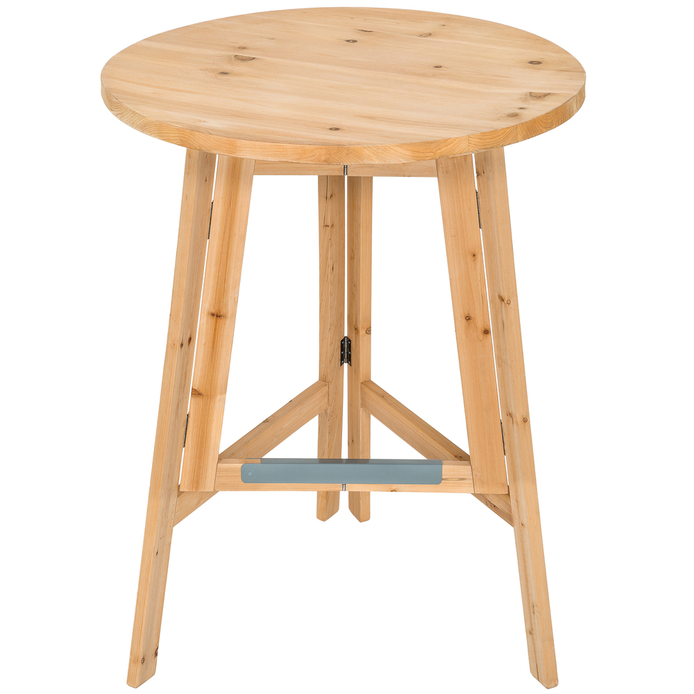 Round bar table made of solid brown wood with a natural finish, featuring sturdy wooden legs and a support bar for stability.