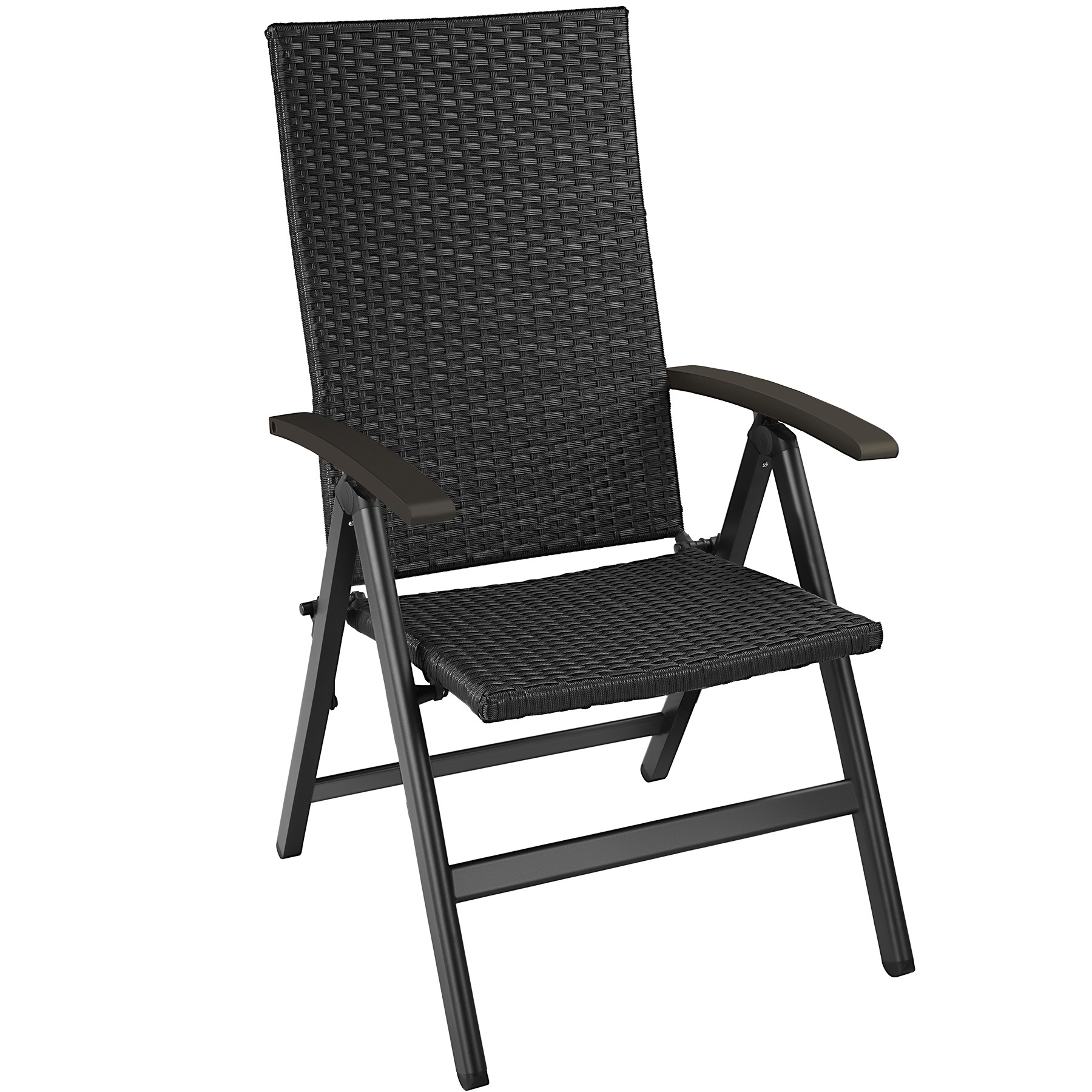 Black garden chair with a reclining function, featuring a woven seat and backrest, sturdy metal frame, and armrests for added comfort.