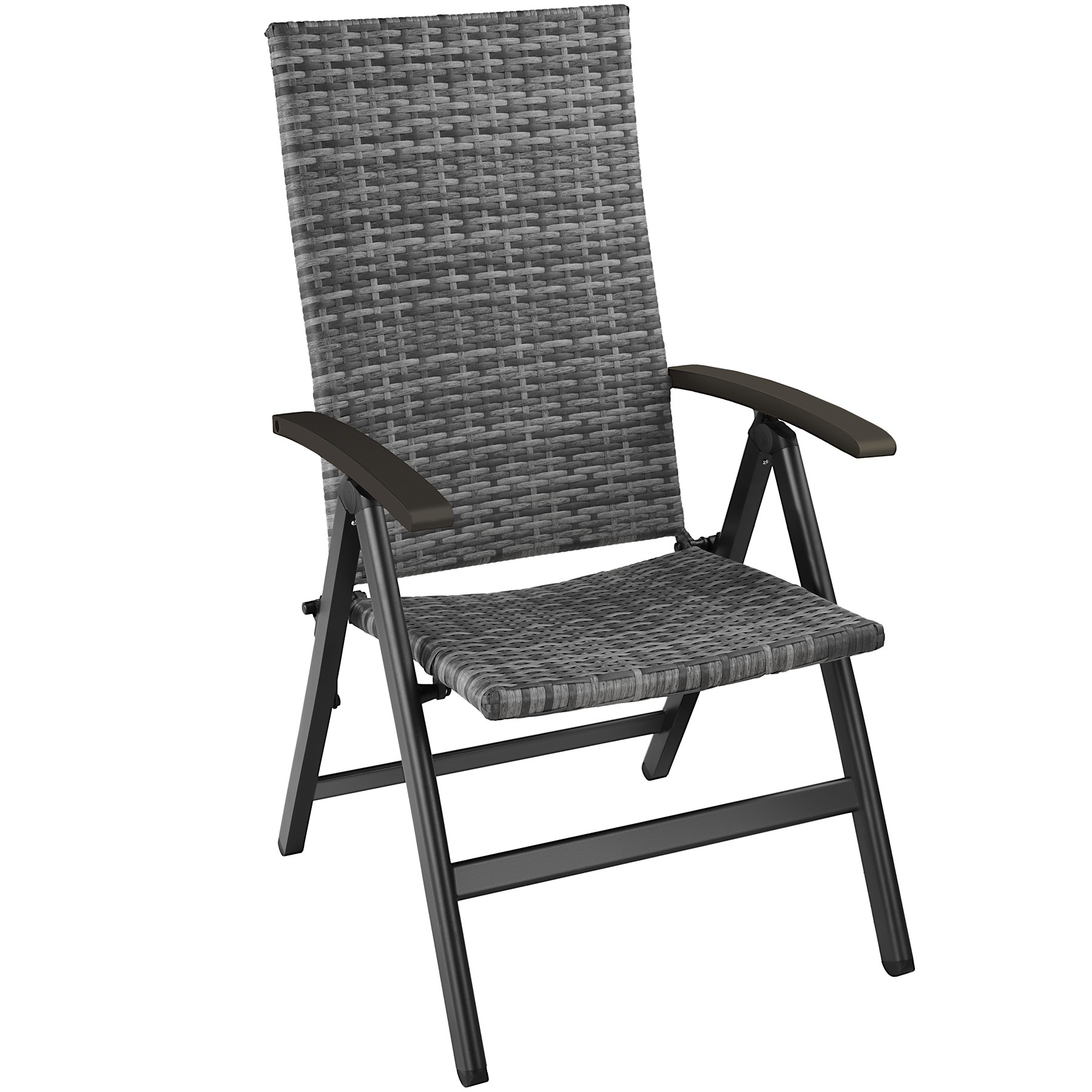 Grey reclining garden chair with a woven seat and backrest, featuring a sturdy black metal frame and wooden armrests for added comfort.