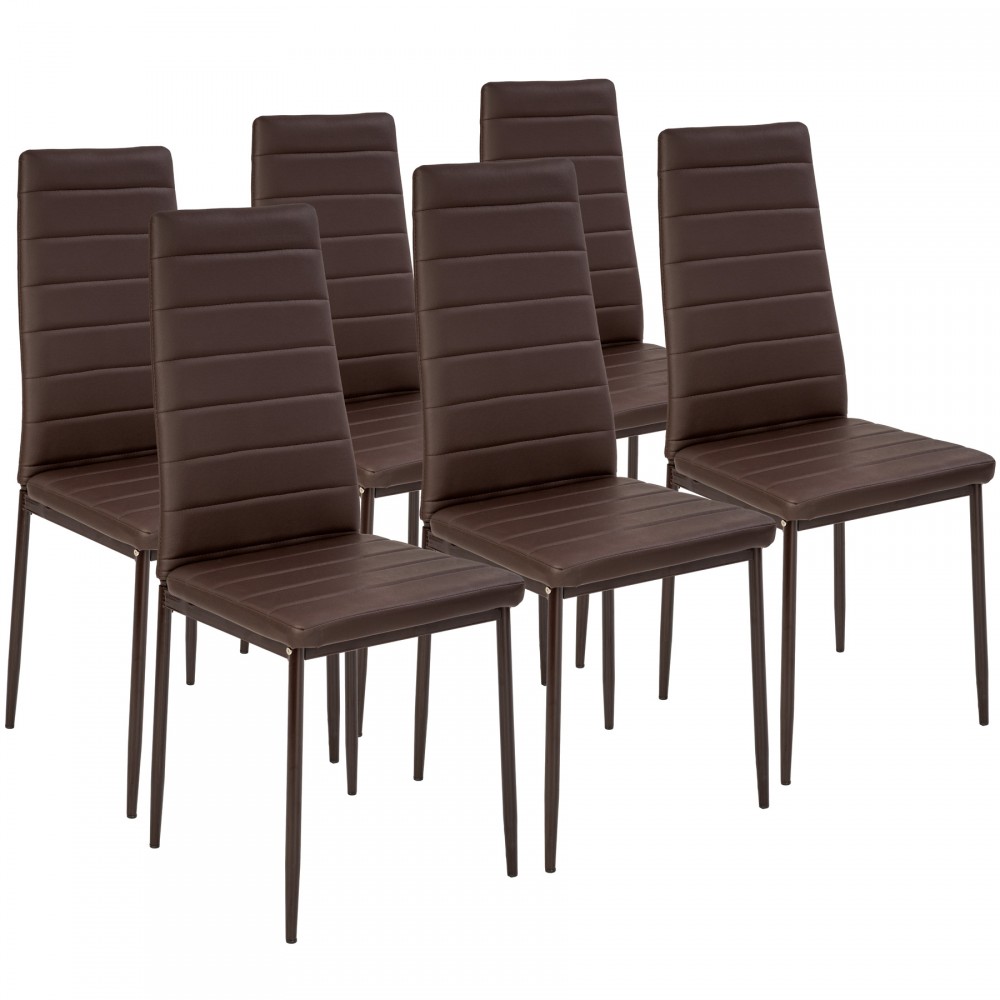 Set of six dining chairs in cappuccino brown synthetic leather, featuring a sleek design with vertical stitching and slender metal legs.