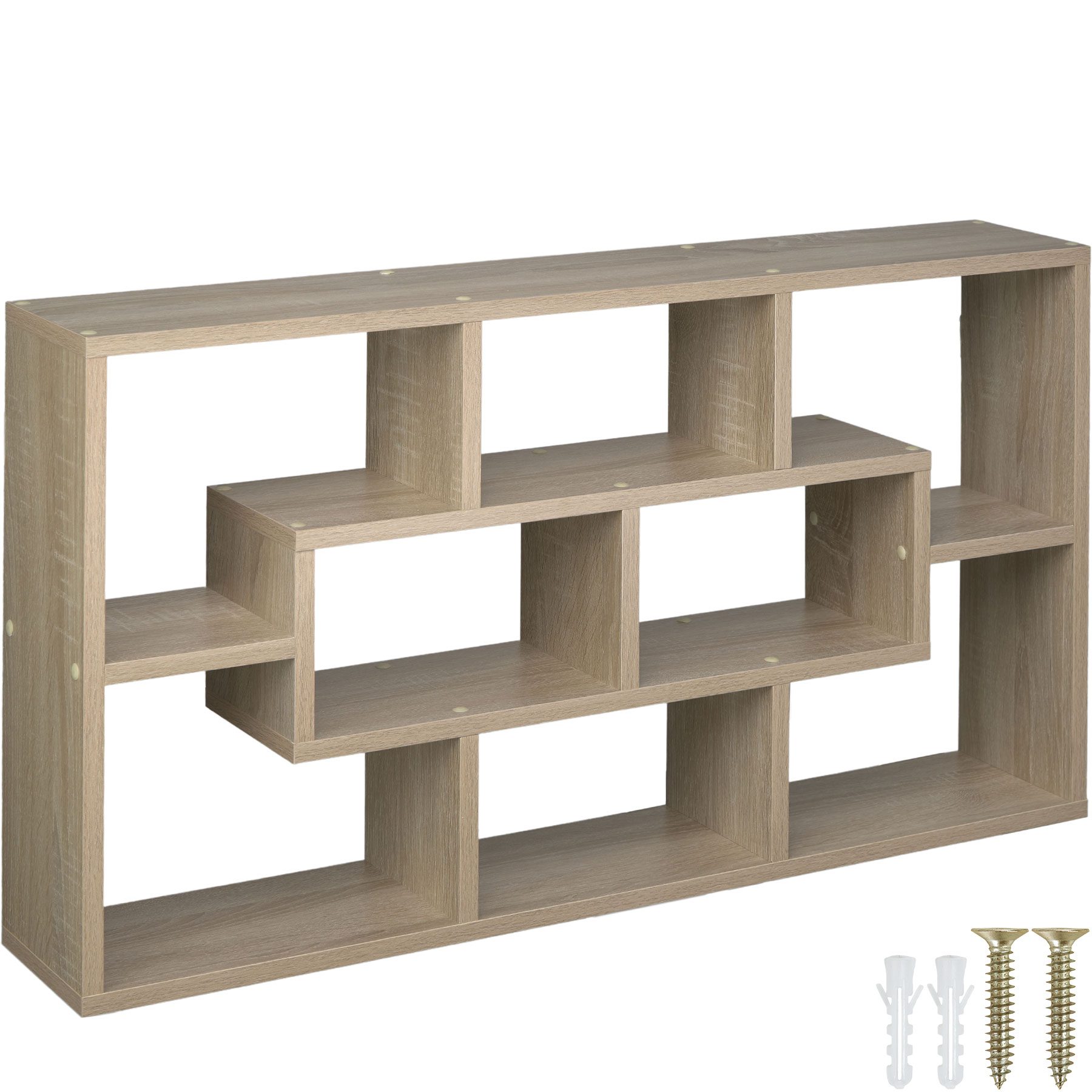 Light brown decorative floating shelf featuring eight compartments, made of wood, with a modern design and included mounting hardware.