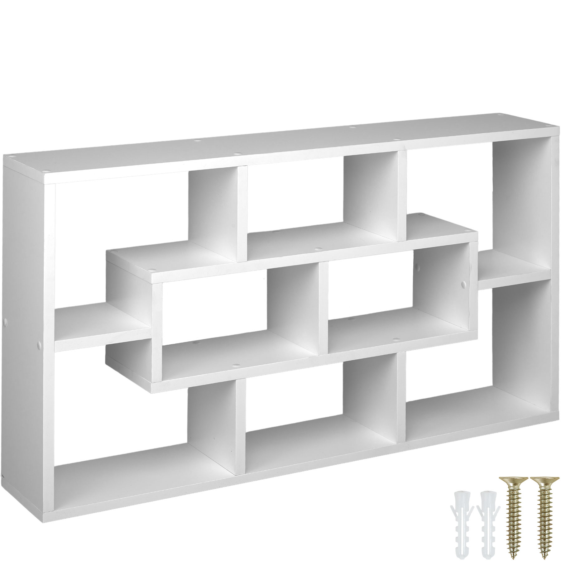 White decorative floating shelf with eight compartments in various sizes, made of sturdy material, includes mounting screws and anchors for installation.