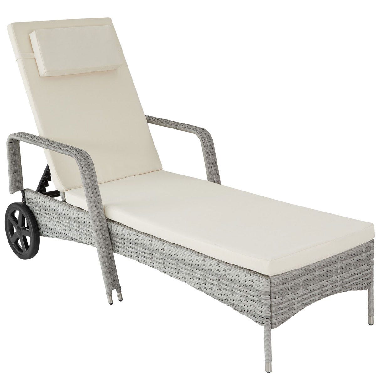 Light grey aluminium and rattan lounger with a cream cushion and headrest, featuring wheels for easy mobility, ideal for outdoor garden or patio use.