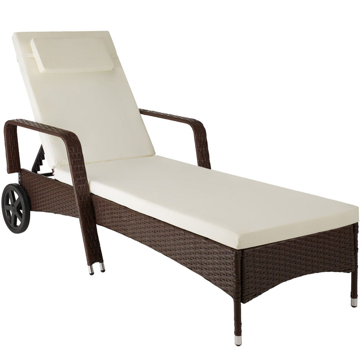 Mixed brown aluminum and rattan lounger with a cream cushion, featuring a reclining backrest and wheels for easy mobility, ideal for outdoor patios and balconies.