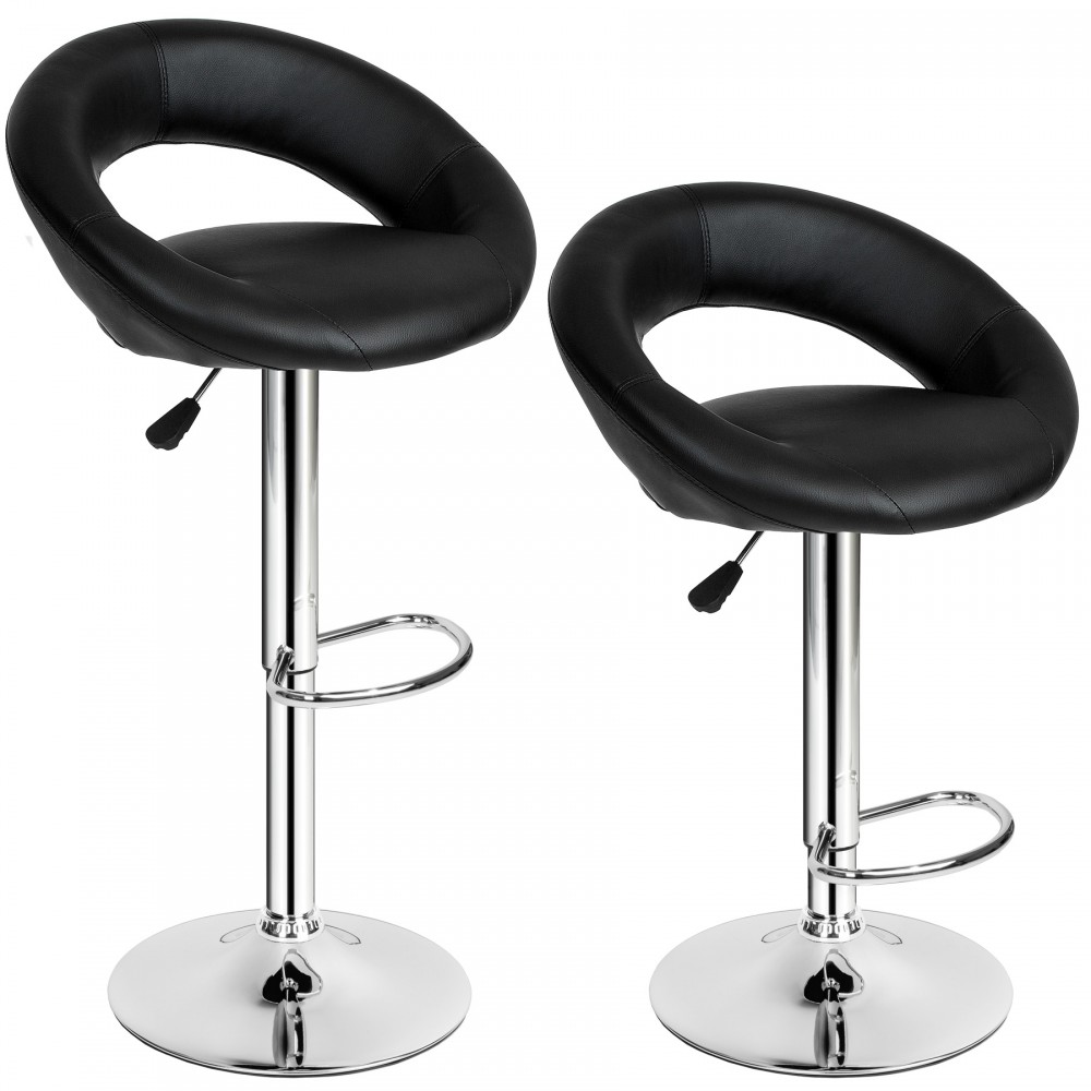 Two black Christian bar stools with curved backs, made of faux leather, featuring chrome bases and adjustable height mechanisms.