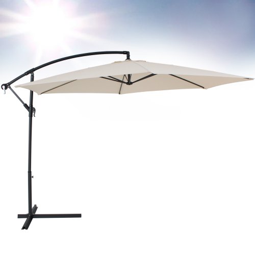 Cream cantilever parasol with a 350cm canopy, supported by a sturdy black metal frame and base, featuring a protective sleeve for storage.