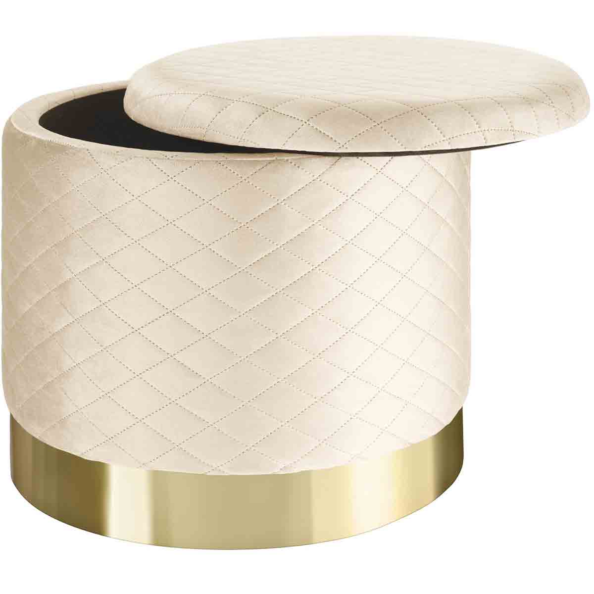 Cream upholstered velvet look stool with a quilted pattern, featuring a removable lid and storage space, accented by a gold metallic base.