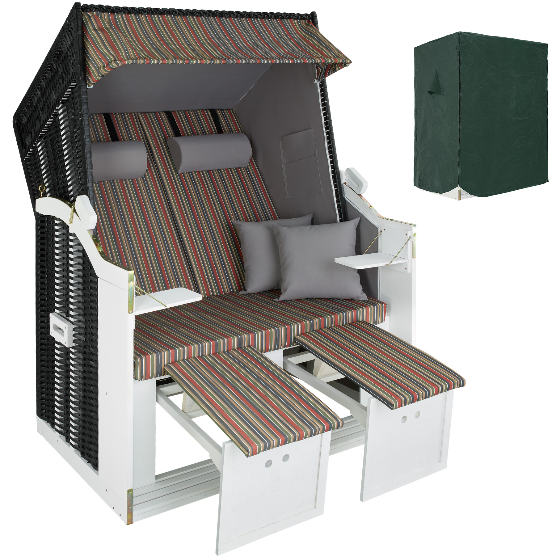 Colorful wicker outdoor beach sunbed with a roof, featuring striped cushions, two reclining seats, side tables, and a protective cover in green.