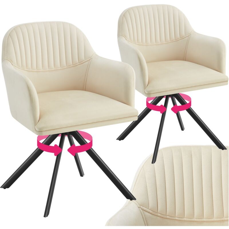 Cream and black Tectake Lona armchair set featuring a ribbed design, plush fabric upholstery, and a rotating black metal base with four angled legs.