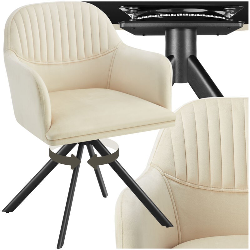 Cream and black Tectake Lona armchair featuring a soft fabric upholstery, ribbed backrest, and a rotating black metal base with four angled legs.