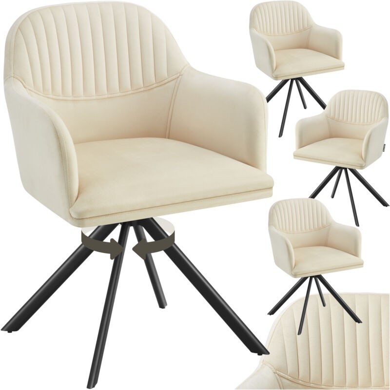 Cream upholstered armchair with ribbed backrest and black metal swivel base, sold in a set of four, featuring a modern design and soft fabric finish.