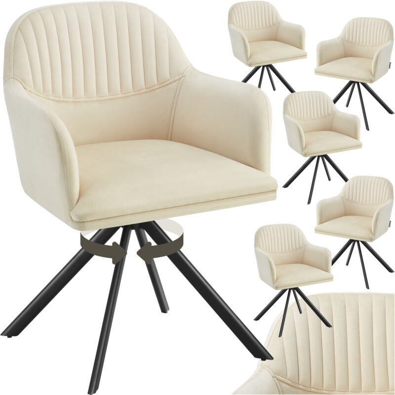 Set of six Tectake Lona armchairs in cream with black metal bases, featuring a ribbed backrest and plush seat for comfort and style.