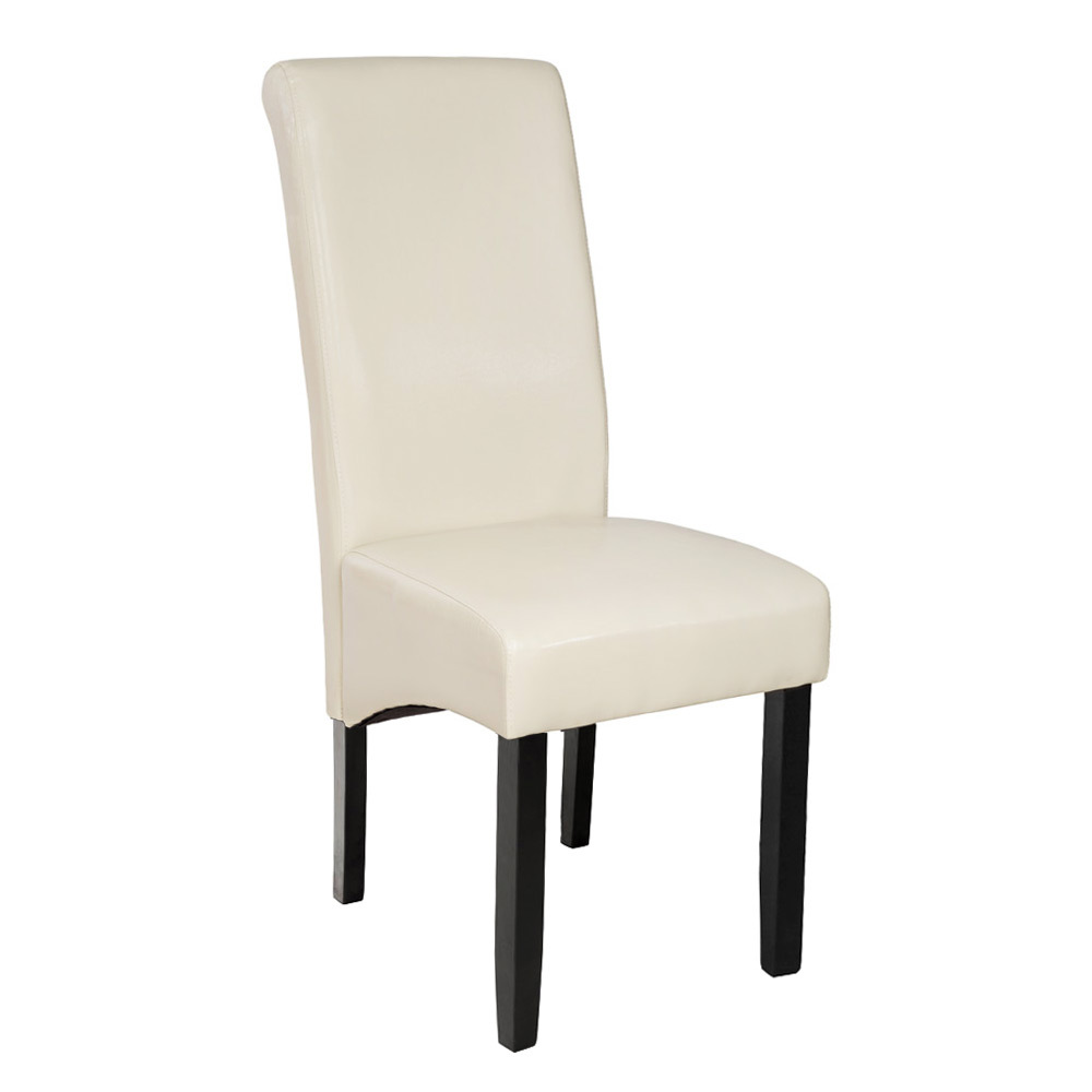 Cream ergonomic dining chair with a sleek design, featuring a smooth faux leather seat and sturdy black wooden legs.