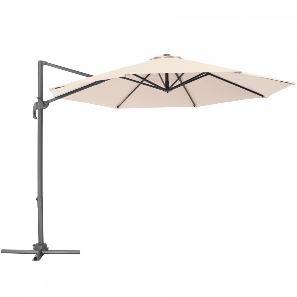 Cream-colored Tectake Parasol Daria with a sturdy gray metal frame, featuring a protective cover and a large, eight-panel canopy for ample shade.