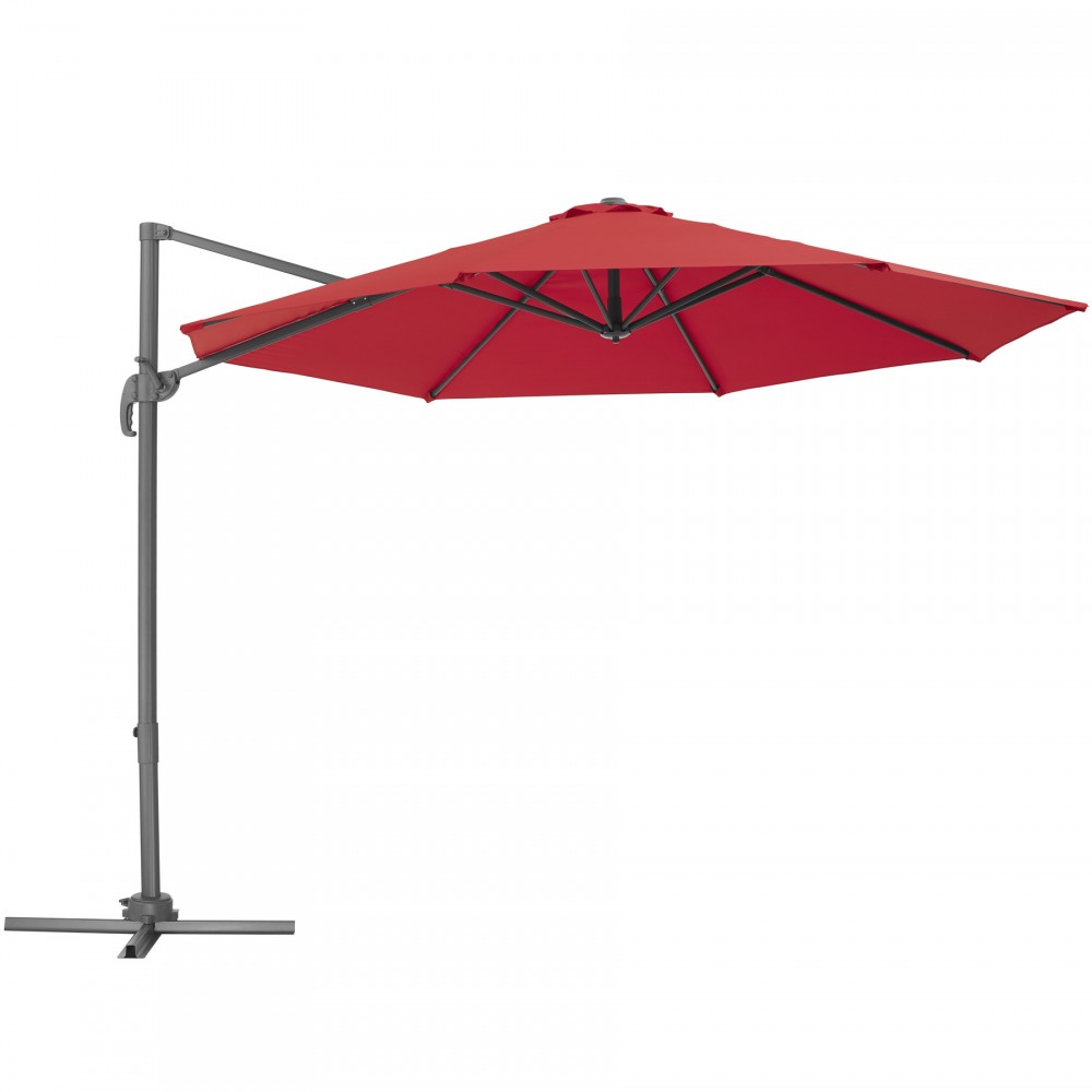 Red Tectake Parasol Daria with a protective cover, featuring a sturdy gray metal frame and a large, cantilevered design for optimal shade.