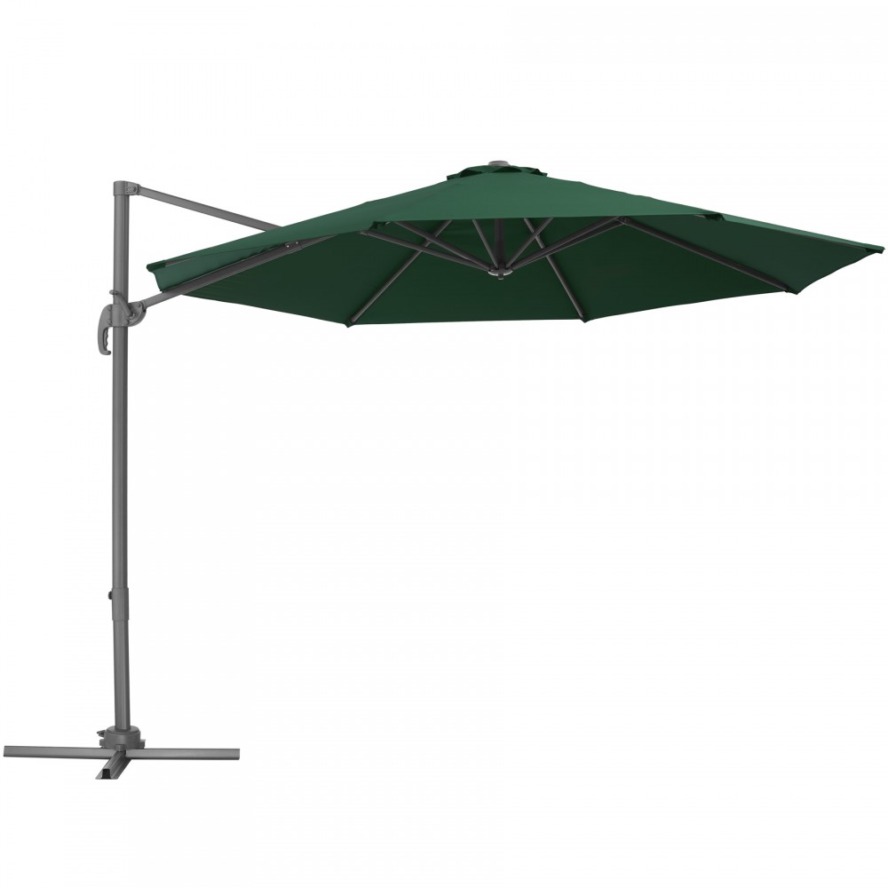 Green Tectake 403134 Daria parasol with a durable fabric canopy, metal frame, and protective cover, featuring a cantilever design for optimal shade.