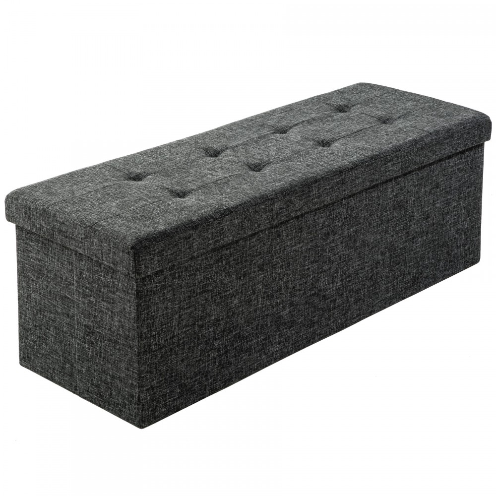 Grey upholstered storage bench with a tufted top, measuring 110x38x38cm, featuring a hinged lid for easy access to storage space.