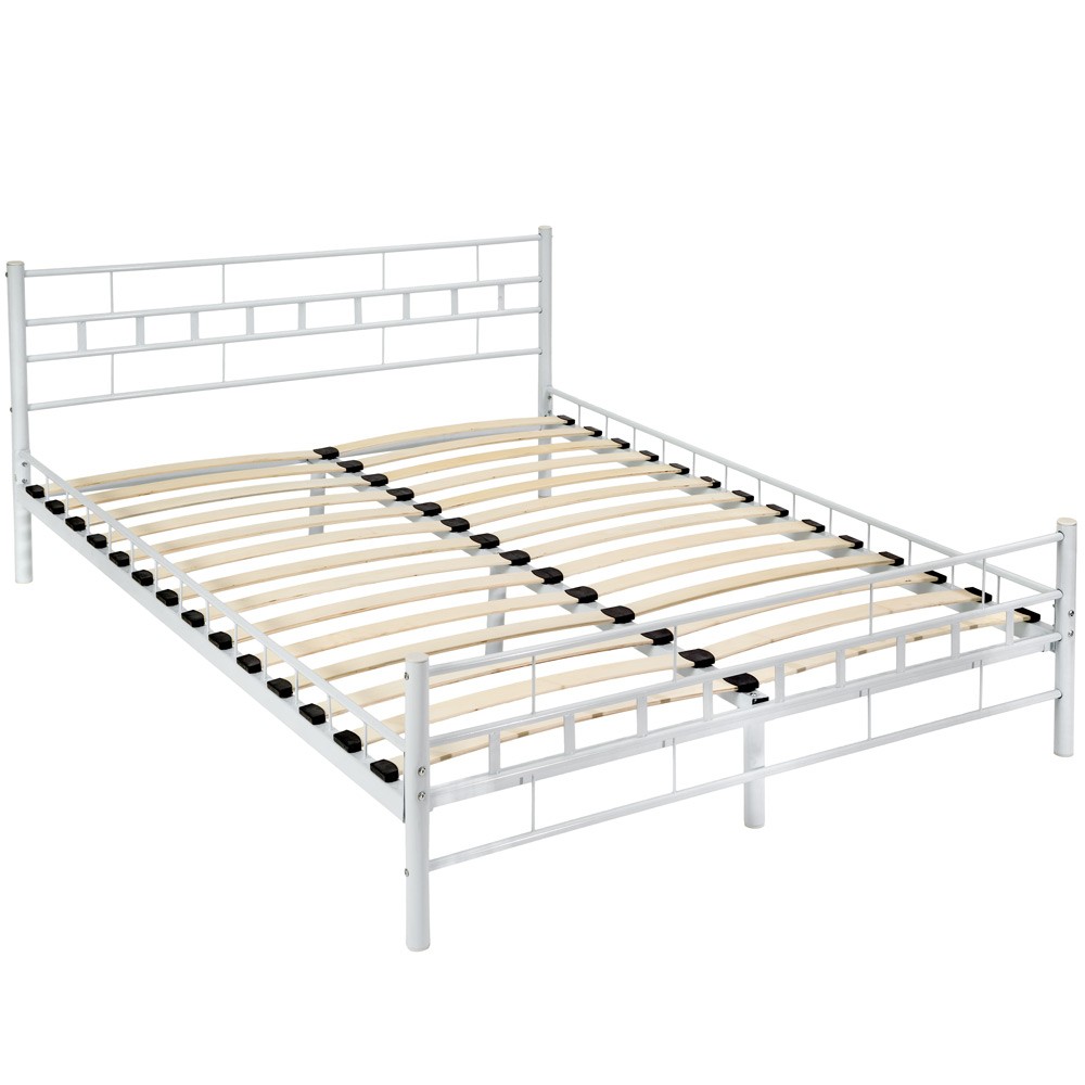 White metal bed frame with a slatted base, measuring 200x140cm, featuring a grid-patterned headboard and wooden slats for support.