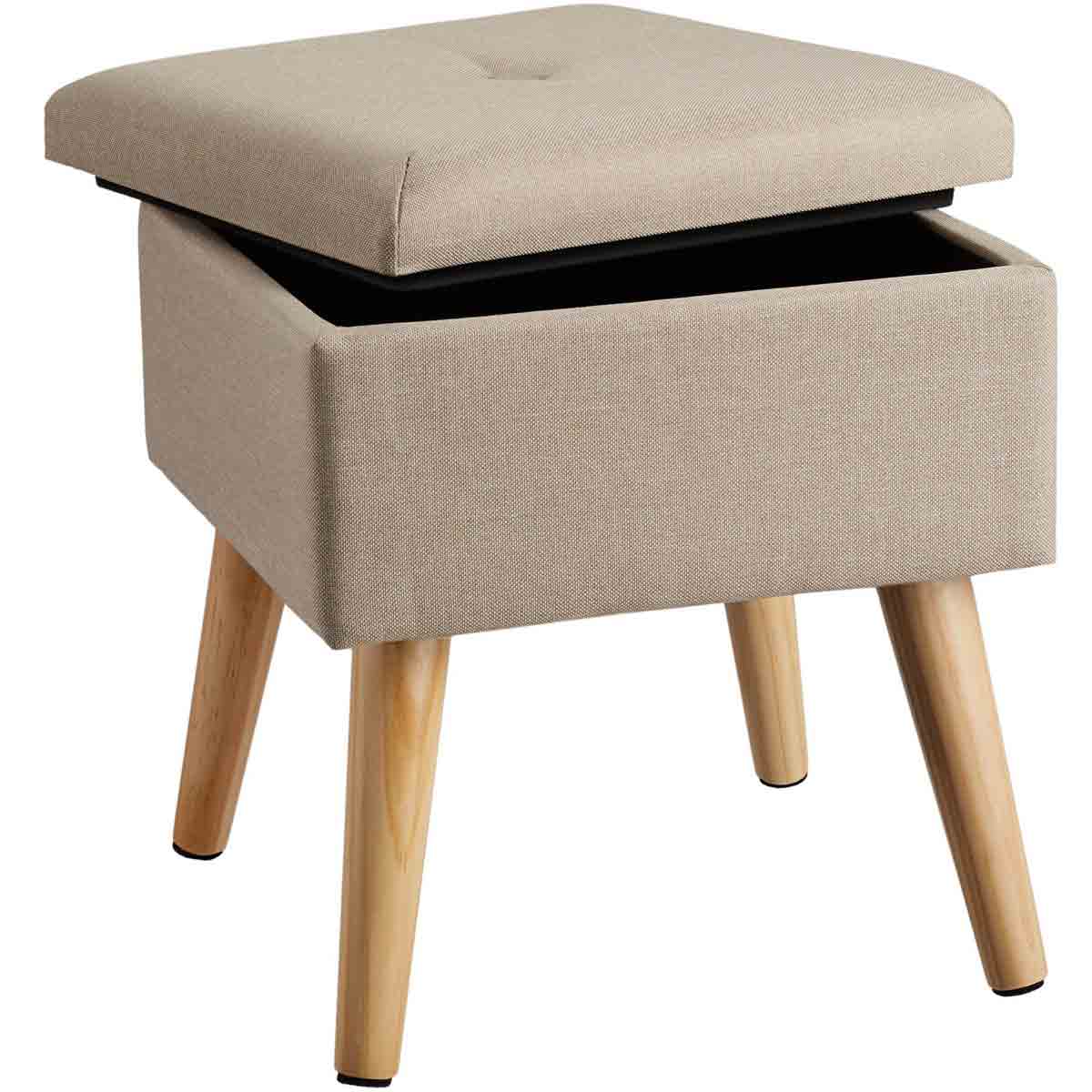 Yellow upholstered velvet-look stool with a tufted top, featuring a storage compartment beneath and wooden legs.