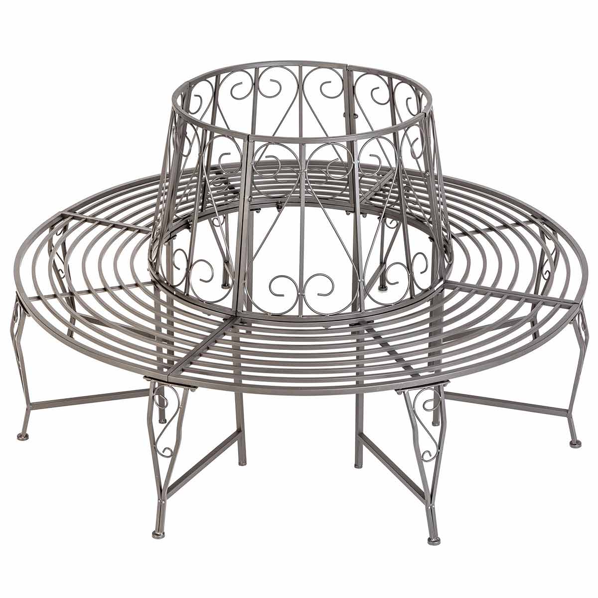 Black metal garden bench with a circular design, featuring intricate scrollwork and a sturdy frame, suitable for outdoor seating.