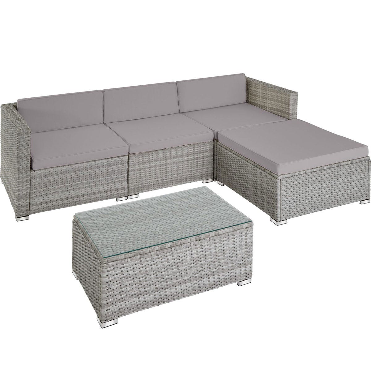 Light and dark grey rattan garden furniture set featuring a corner sofa with plush cushions and a glass-topped coffee table, ideal for outdoor lounging.