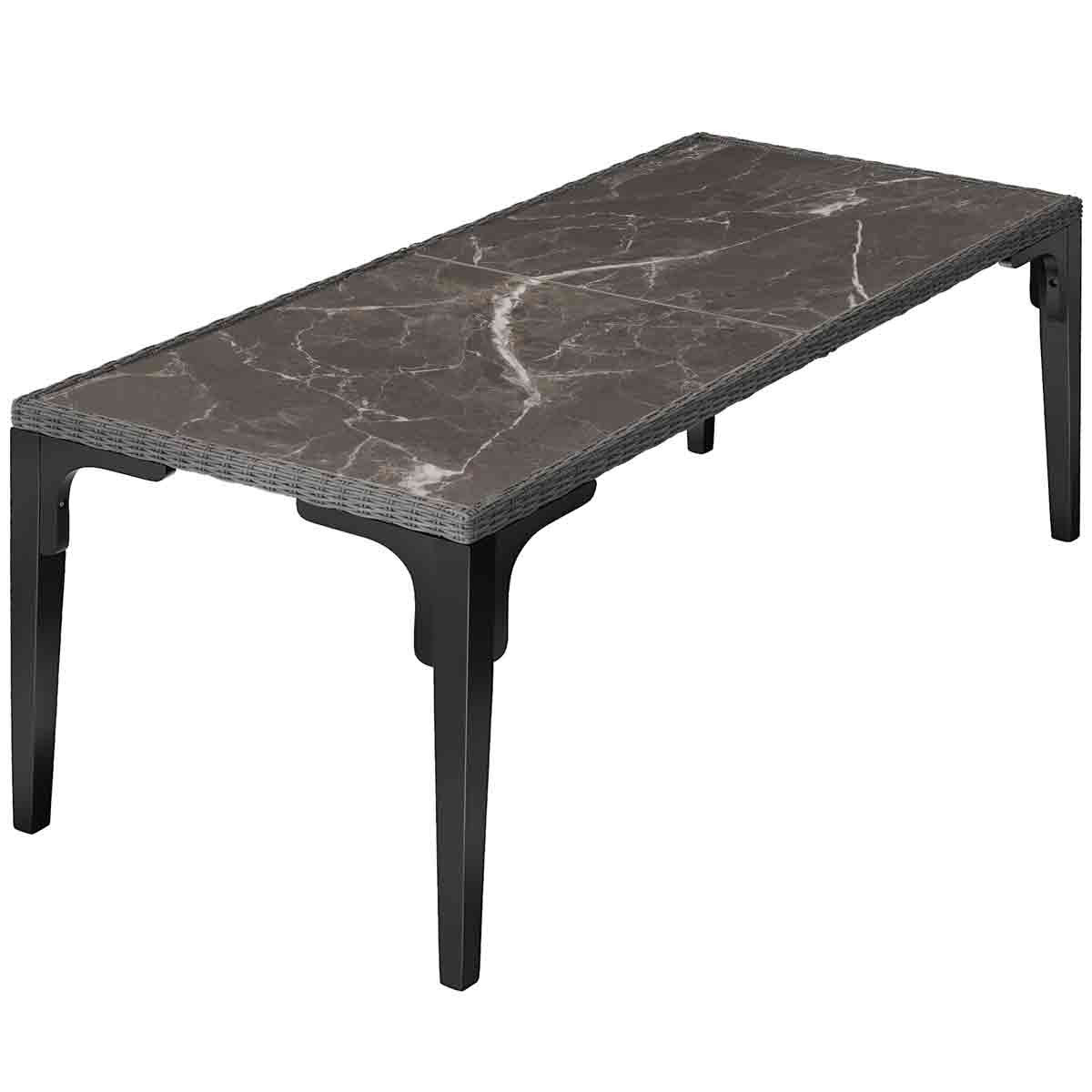 Large rectangular dining table with a grey marble-like top and sleek black legs, designed for outdoor use, showcasing a modern aesthetic.