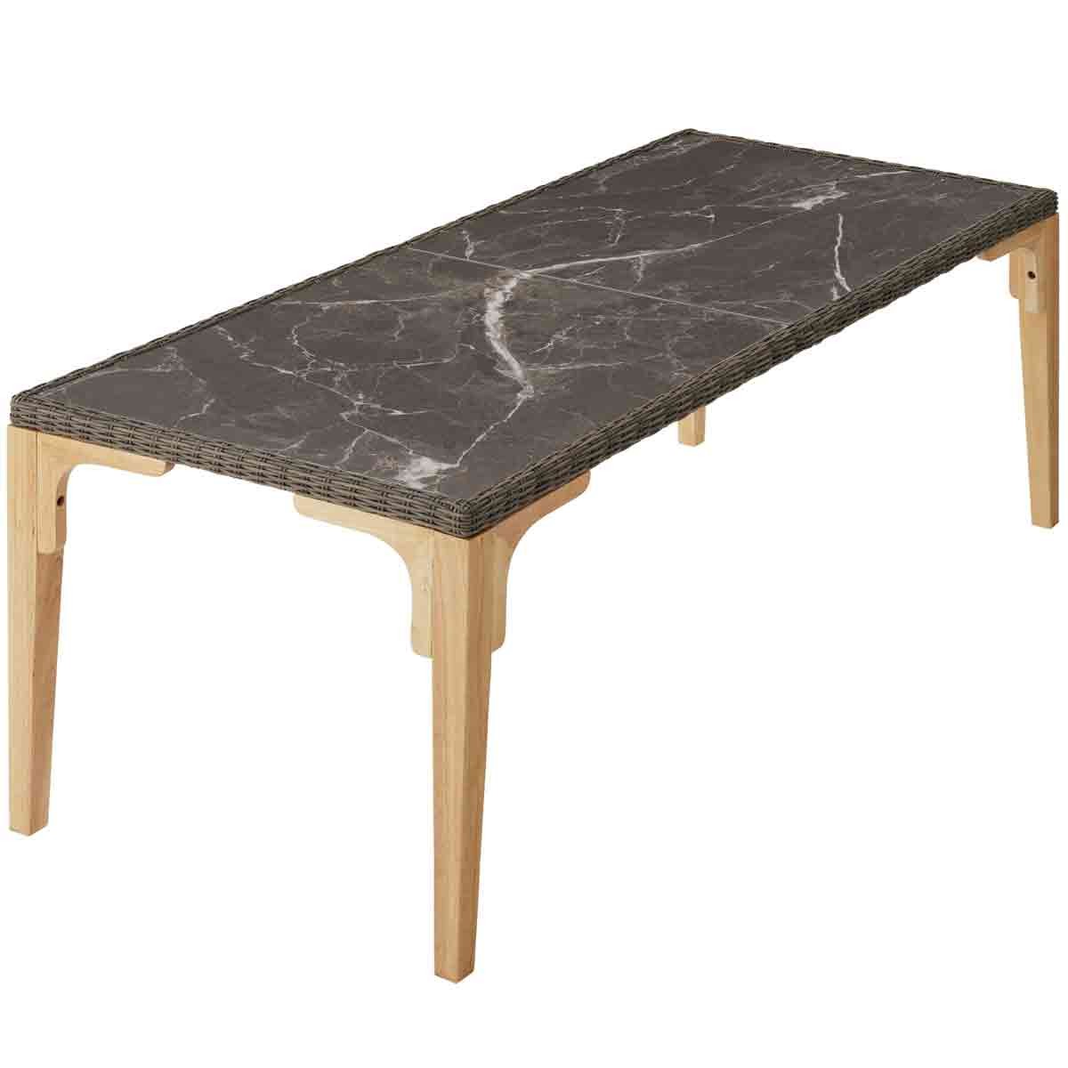 Large rectangular dining table featuring a brown marble top with a glossy finish and natural wood legs, suitable for outdoor use.