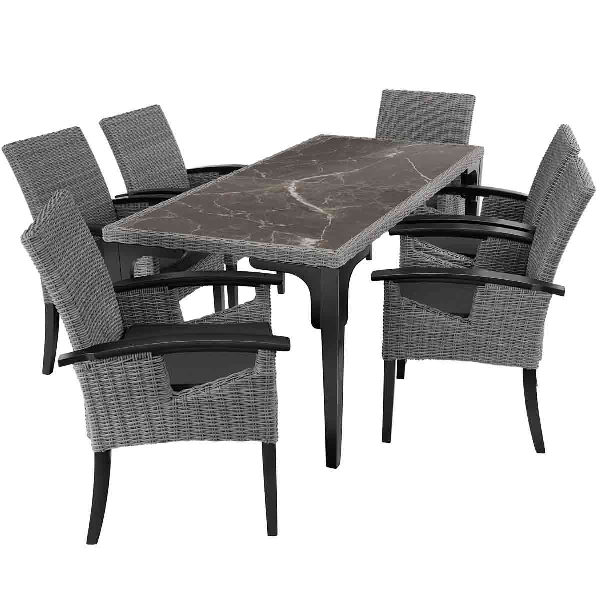 Grey wicker dining set featuring a rectangular table with a marble-like top and six matching chairs with armrests.