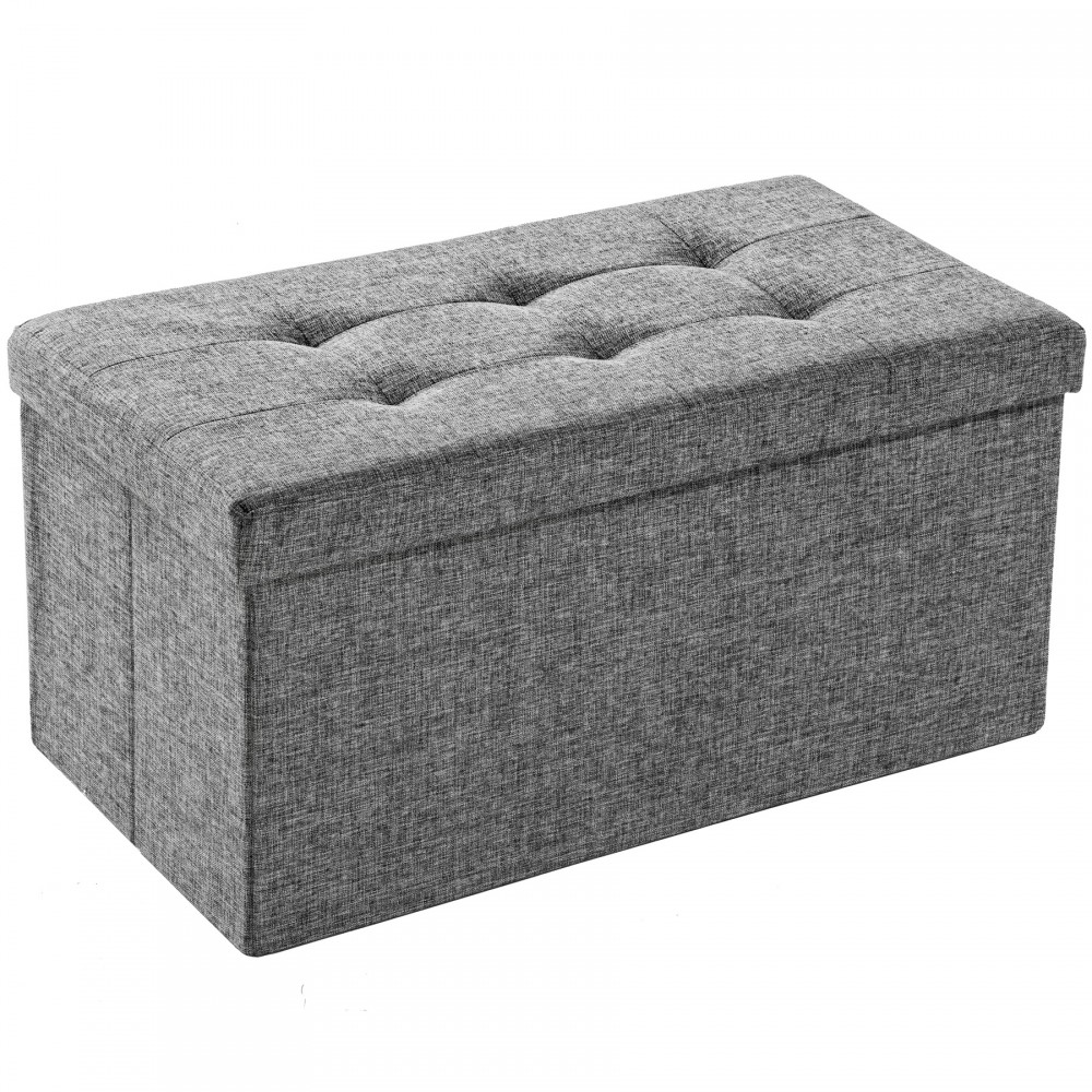 Foldable storage bench in grey fabric, featuring a tufted top, rectangular shape, and dimensions of 76x38x38cm, ideal for organizing and seating.