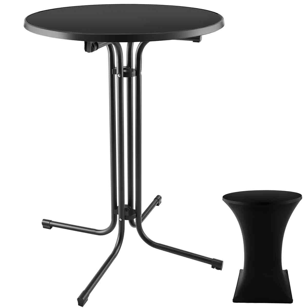 Black folding bar table with a round top and sleek metal frame, accompanied by a fitted black table cover, ideal for events and gatherings.