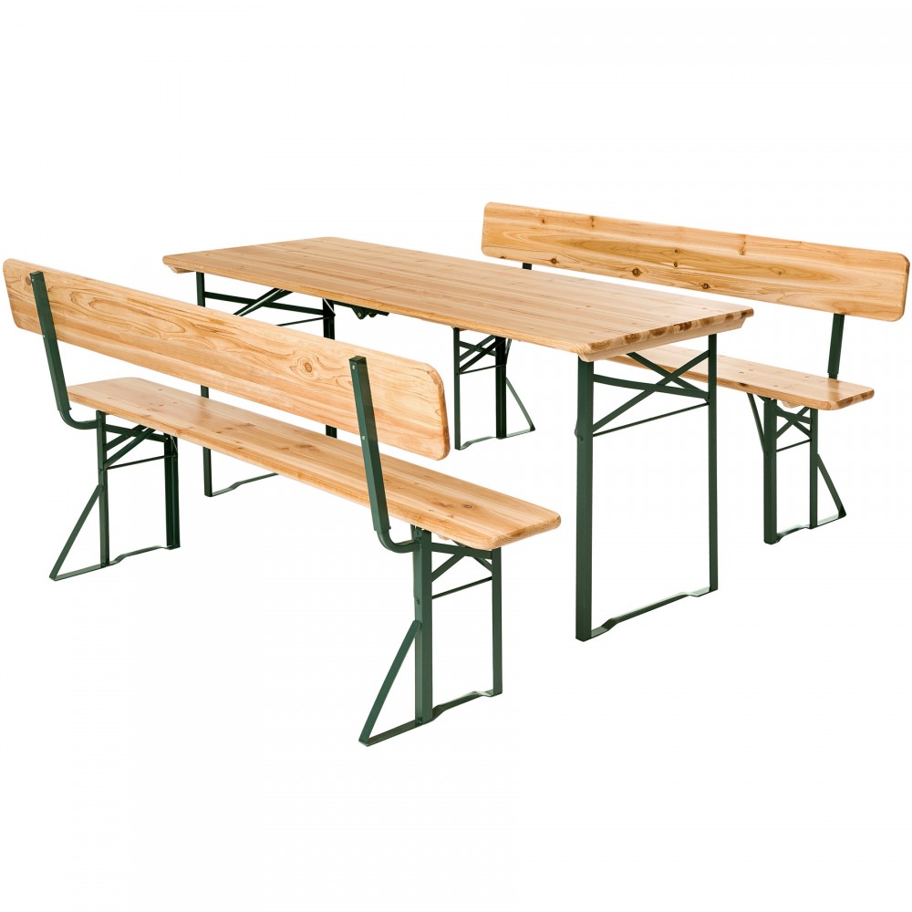 Stable brown dining table and bench set featuring wooden tops and removable backrests, supported by green metal frames, ideal for outdoor or indoor use.