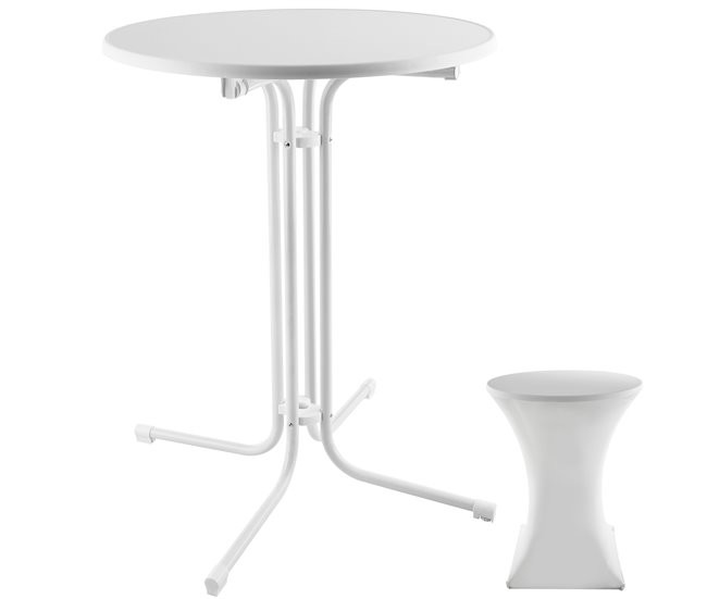 White folding bar table with a round top and sturdy metal legs, accompanied by a matching white table cover, ideal for events or casual gatherings.
