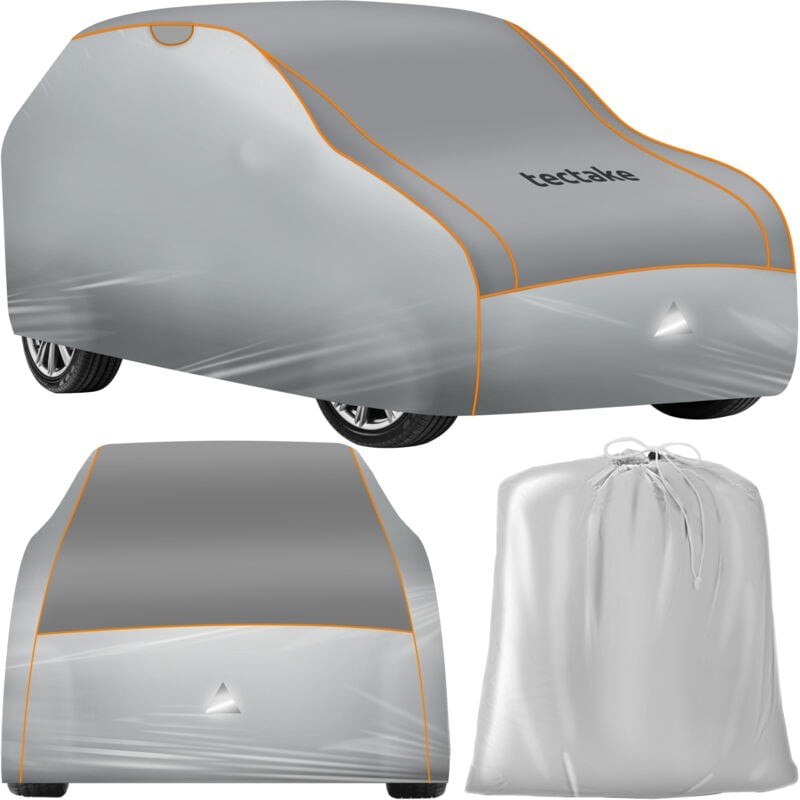 Silver car cover with orange trim, designed to be waterproof and breathable, featuring a compact storage bag for easy transport.